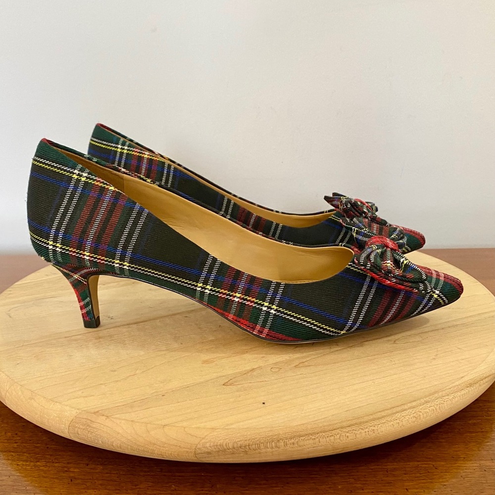 J.Crew Esme Plaid Tartan Bow Kitten Heels Pointed Toe Pumps Holiday Women Sz 9